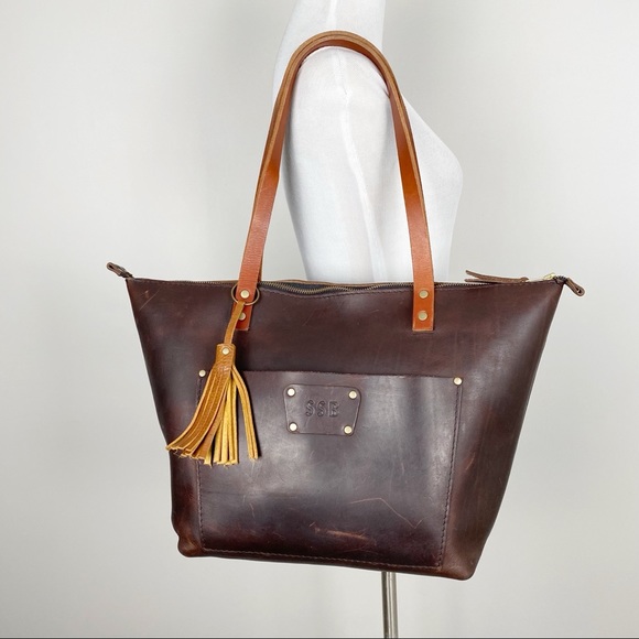 Portland Leather Goods Handbags - PORTLAND LEATHER GOODS Large Zipper Tote Bag Brown